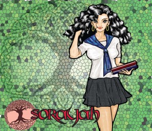 Sorayah en écolière devant une mosaique représentant Yggdrasil, l'arbre de vie