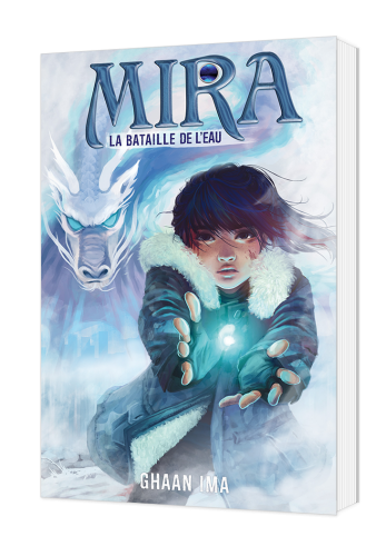couverture du livre "Mira, la bataille de l'eau": une jeune fille rassemble ses pouvoirs de la couleur de l'éclair, avec derrière elle, un dragon japonais