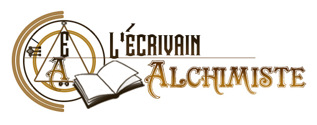logo du site: les initiales de l'écrivain Alchimiste enfermées dans un cercle d'alchimie avec à côté, un livre ouvert